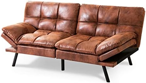 Opoiar Leather Futon Sofa Bed,Convertible Memory Foam Couch Bed,Futon Sets Daybed with Mattress Included,Folding Modern Sleeper Sofa Love seat for RV Car Living Room&Bedroom Small Space,Brown