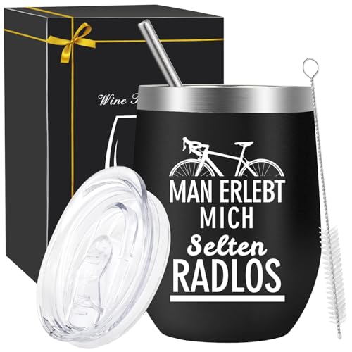 ZJKUBOIS Geschenke für Radfahrer Männer, Weinbecher Edelstahl mit MAN ERLEBT MICH SELTEN RADLOS, 12oz Edelstahl Becher Set mit Deckel Für Fahrradliebhaber mit Stroh, Strohhalmpinsel & Geschenkbox