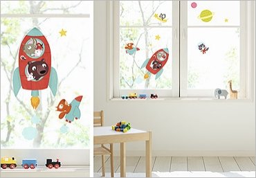 STICKERS ELECTROSTATIQUES LUNAS VENTANA INFANTIL FUSEE ESPACIO DECO **