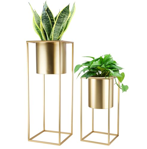TRIROCKS 2er-Set Moderne Pflanzgefäße mit Ständer für Drinnen und Draußen 70/45 cm Hohe Blumentöpfe für Wohnzimmer Ecke Küche Büro Garten Balkon Terrassendekor (Gold)