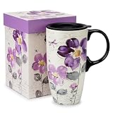 Topadorn 17oz Ceramic Travel Mug with Lid, Tall Ceramic Coffee Mug with Handle, Purple Floral Coffee Cup with Gift Box