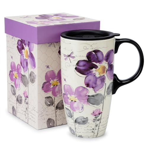 Topadorn 17oz Ceramic Travel Mug with Lid, Tall Ceramic Coffee Mug with Handle, Purple Floral Coffee Cup with Gift Box