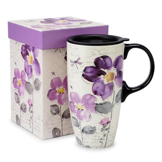 Topadorn Tall Ceramic Travel Mug 17 oz. Coffee Cups Sealed Lid With Color Box (Purple Flower)