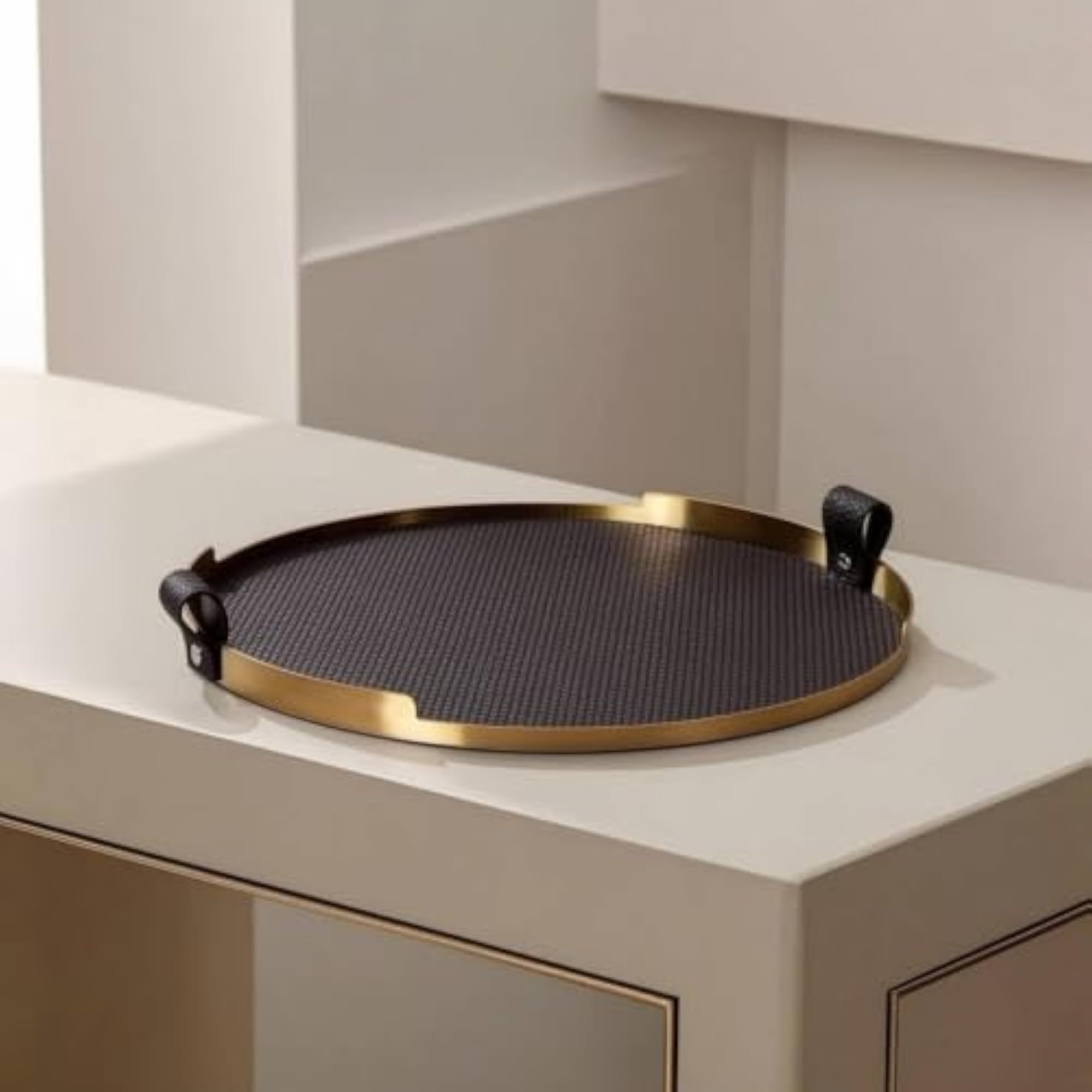 Modern Tray with Handles, Decorative Round Metal Design
