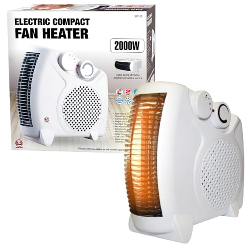 2000 Watts Thermo Fan Heater with 2 Heat Settings & Cool Blow, Adjustable Thermostat, Thermal Auto Cut Off, Overheat Protection - 2kw - Upright & Flat Winter Fan Heaters, Portable, Silent, White