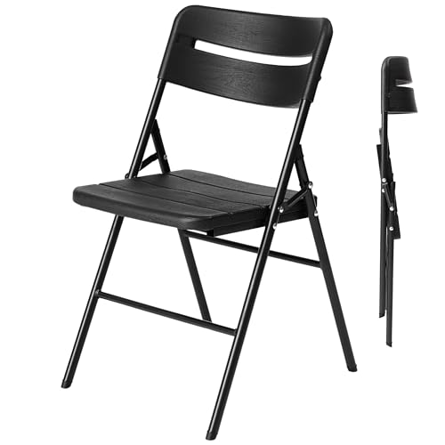Heavy Duty Black Folding Chair - 31.1 x 17.7 x 19.7 in (79x45x50cm) HDPE Plastic & Powder Coated Steel Frame Foldable Chair with Wood Grain Design - for Home Office Events Indoor & Outdoor Use