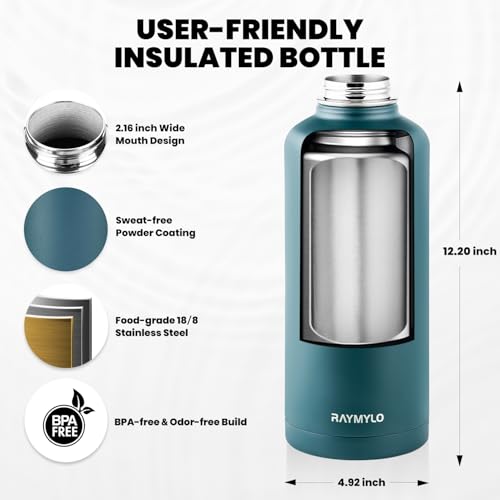 Image of RAYMYLO Insulated Water Bottle 87 oz, Triple Wall Vacuum Stainless Steel (Cold for 48 Hrs), Leak Proof & Non-BPA, Modern Water Flask Jug with Paracord Handle & Straw Spout Lids, Dark Green