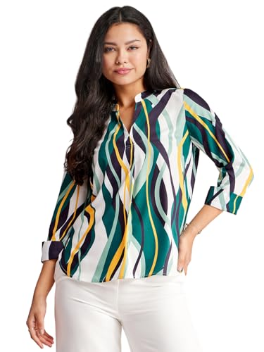 Image of FableStreet Women Shirt Work & Casual | Relaxed Fit Mandarin V-Neck Three-Quarter Sleeves Solid Pattern | Breathable Woven Fabric for Office & Everyday Wear