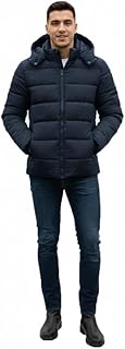 جاكيت شتوي مبطن مع غطاء للرأس كاجوال دافئ للرجال، لون أزرق كحلي