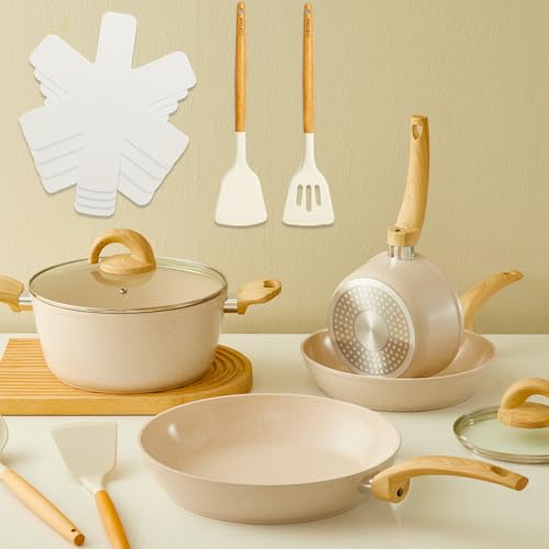 Image of Vkoocy Non Stick Pots and Pans Set, Healthy Ceramic Cookware Set, 12pcs Kitchen Cooking Pots and Frying Sauce Saute Pans Set, PFAS-Free with Kitchen Utensils and Lid, Tan