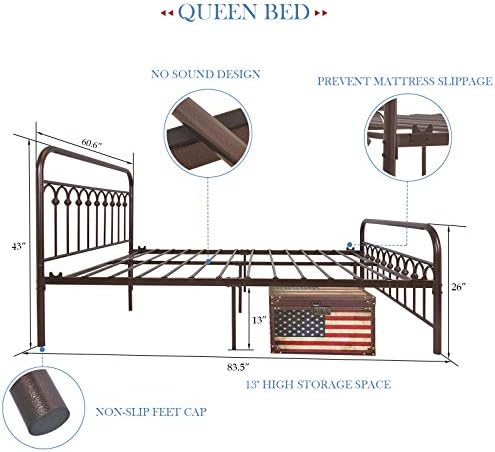 YALAXON Vintage Sturdy Queen Size Metal Bed Frame with Headboard and Footboard Basic Bed Frame No Box Spring Needed๏ผAntique Brown.