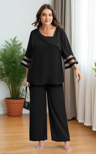 AOVDE Plus Size Pant Suits 2 Piece Casual Dressy Pantsuits Mesh Panel Bell Sleeve Outfits for Women Evening Dinner Party2