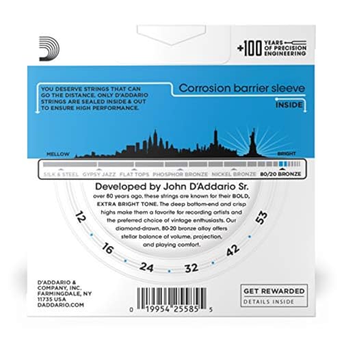 D'Addario EJ11-3D 80/20 Bronze Acoustic Guitar Strings, 12-53, 3 Sets, Light