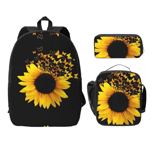 Sac à dos compartimenté noir tournesol comprenant lunch box et trousse
