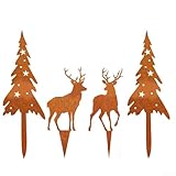 Outdoor herten en boom stakes, 4-delige metalen tuin kunst met kerstbomen en herten silhouetten voor buiten, zwart silhouet tuin kunst (4 stuks)