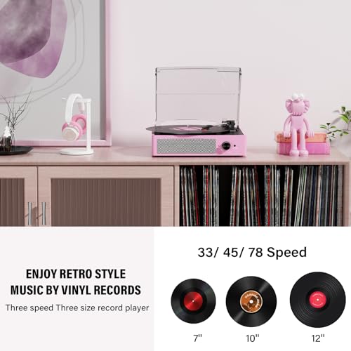 Vinyl Record Player with 2 Stereo Speakers Belt-Driven Vintage Turntables 3 Speed 3 Size Wireless Bluetooth Playback AUX-in RCA out Headphone LP Vinyl Players Auto Stop Pale Pink - Image 3