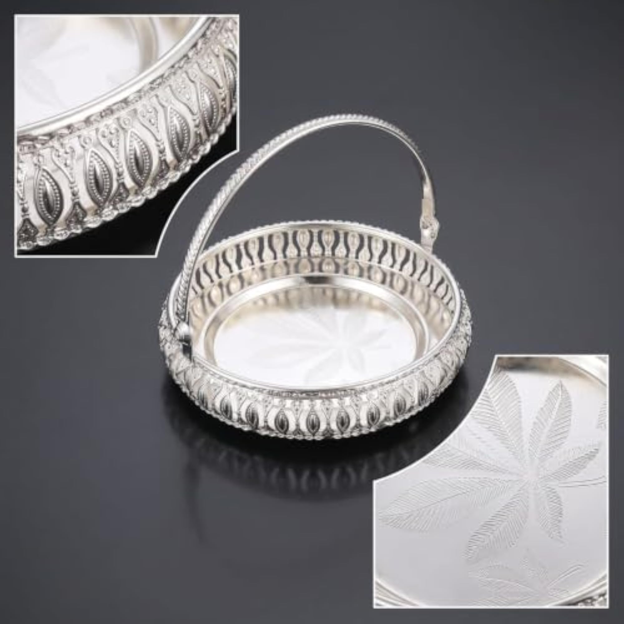 Silver-Finished Metal Serving Basket with Handle, Decorative
