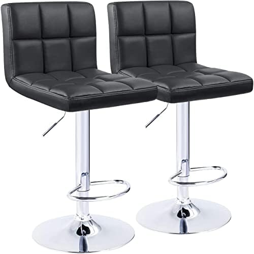 KaiMeng Bar Stools Modern Square Counter Height Barstool 22" to 33" PU Leather Swivel Adjustable Stool with Back Set of 2 for Kitchen Dining (Black)