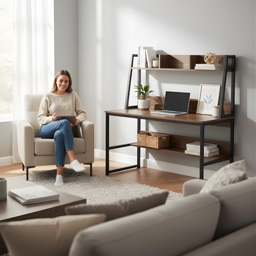 Image of Amazon Brand - Solimo Computer Desk with Hutch | Home Office Desk with Space-Saving Design & Bookshelf | Ideal for Small Spaces | TBS Tower - Asian Walnut | DIY Installation