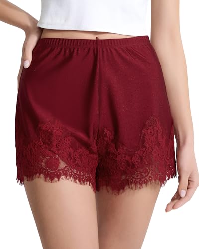 DailyCity Lace Trim Shorts for Women Shiny Touch Pajamas Y2K Cute Coquette Mini Lounge Sleep Patchwork Half Slip Pettipants,Red,L