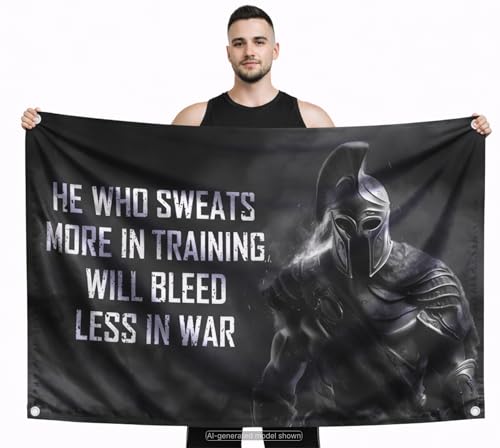 3x5 Ft Motivational Polyester Flag He Who Sweats More In Training Will Bleed Less In War with 4 Grommets - Improvement Wall Decor for Home or Gym - Wall Single Sided Flag with Spartan Image and Quote