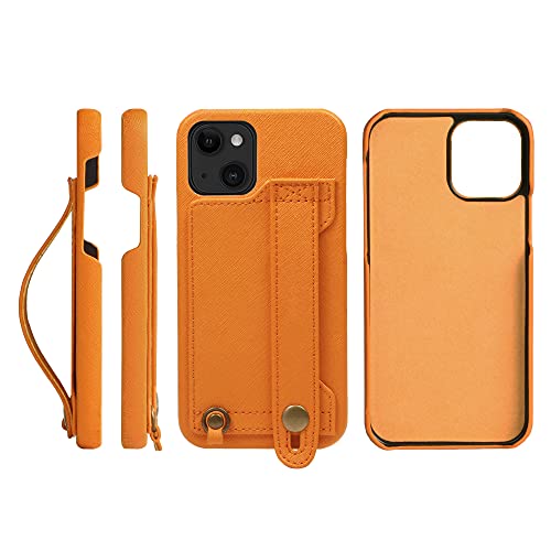 iPhone13 ケース Handy ハードケース PUレザー 耐衝撃 スタンド機能 ハンディベルト ハンドメイド ストラップホール ストラップリング カードポケット 橙色 オレンジ H6-13-Orange