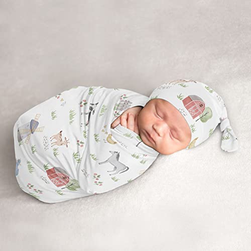 Image of Sweet Jojo Designs Farm Animals Boy Girl Cocoon and Beanie Hat Set Jersey Stretch Knit Sleeping Bag for Infant Newborn Nursery Sleep Wrap Sack - Watercolor Farmhouse Horse Cow Sheep Pig Gender Neutral