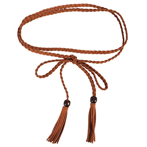 DRERIO Rope Belt Skinny Tassel Belts Women's Belts Braided Waist Belt Fashion Solid Colour Boho Belt Brown Thin Ladies Belts Woven Tassel Belt for Skirt Dress Women Girl