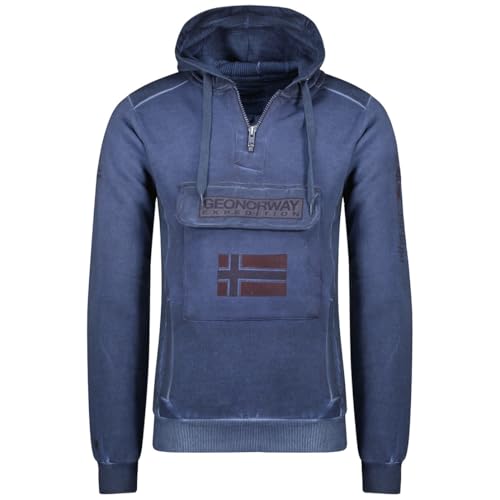 Geographical Norway GYMCLASS EO Tiedye Badge Men 100 (WU8270H-GNO-NAVY) Sudadera con Capucha para Hombre con Bolsillo Azul Oscuro con Puños Suéter Cremallera en Cuello Cómodo Sudadera L