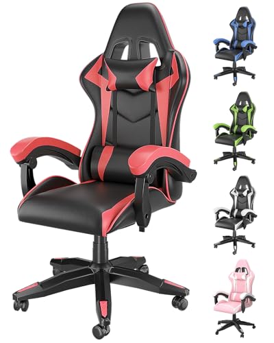 Racingreat gaming chair office chair, Headrest&Lumbar Pillow, PU Leather Ergonomic Office Chair Computer Chair for Gamer Office Home Adult Teenager (Red)