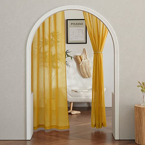 NICETOWN Citrine Linen Curtains 108 inches Long, Grommet Decorative Semi Sheer Gold Curtains Linen Blend Window Drapes Privacy with Light Filtering for Living Room, W52 x L108, 2 Panels