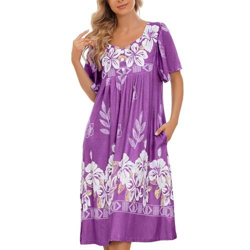 Image of House Dresses for Women with Pockets Mumu Dresses Short Sleeve Moo Moos for Women Nightgown Duster Lounge Dress S-3XL