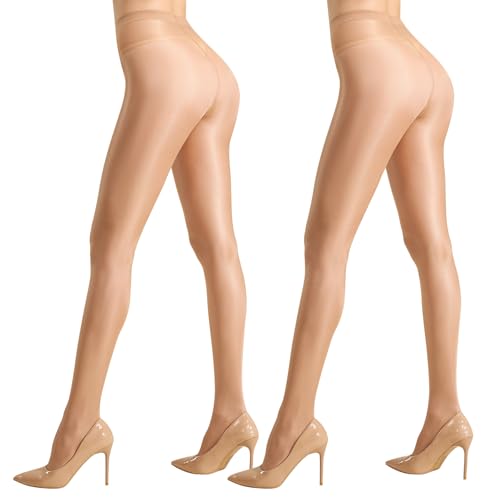 MANZI Glitzer Strumpfhosen Damen Glänzende Strumpfhose für Damen 40 Den Transparente Nylon Hoher Taille Feinstrumpfhose 2 Paar Natur L-XL