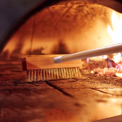 Image of Wood Brush Head with Steel Scraper 9.6 Inch Pizza Oven Brush Brass Bristles Replacement Brush Head