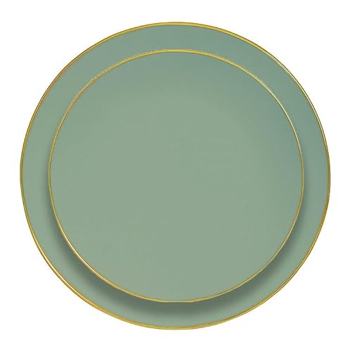 Elegant Set di Piatti Riutilizzabili, Colore a Scelta con Bordo Dorato, 16 Pezzi, Grande 23cm e Piccola 19cm, Plastica PVC Lucida, Lavabile in Lavastoviglie, Decorazione per Matrimonio (Verde Salvia)
