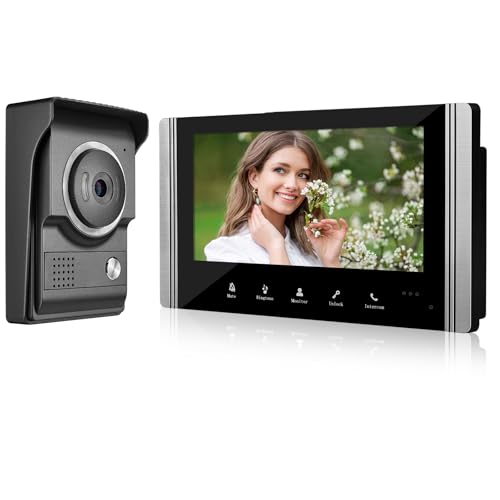 FTes RFKits Sonnette de Porte Vidéo Filaire 7 Moniteur Vidéo - Kit Caméra HD-Soutien de Déverrouillage - Interphone Bidirectionnel pour Villa,Maison,Bureau,Appartement