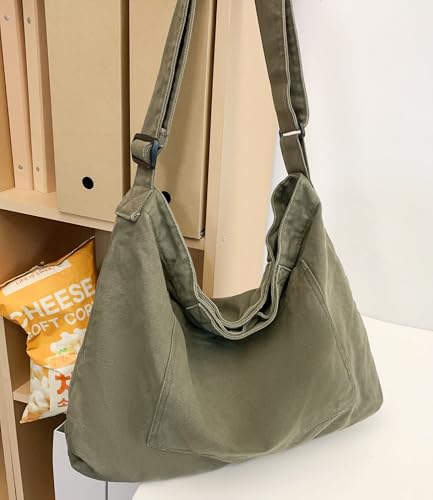 Image of Cotton Tote Handbag Women Canvas Crossbody Beach Bag Hobo Shoulder Tote Bag with 3 External Pocket,Zipper Closure