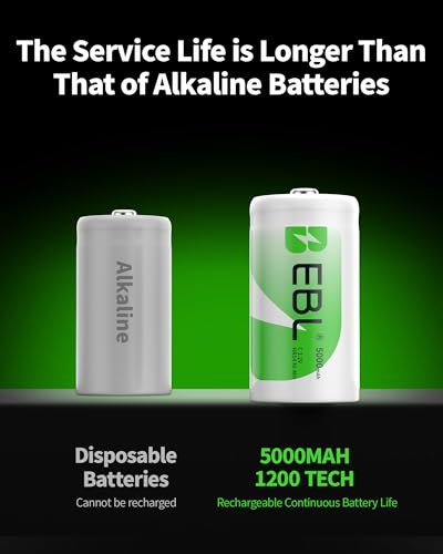 Image of EBL Rechargeable C Batteries 4 Pack, 5000mAh High Capicity Ni-MH C Size Battery for Flashlights, Radio, 1200 Cycles