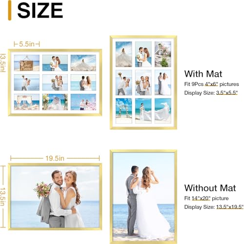decorUhome 14x20 Picture Frames Collage Wall Decor, Display 9Pcs 4x6 Photos with Mat or 1Pcs 14x20 Unmatted, 9 4x6 Collage Picture Frames for Wall Mounting, Gold
