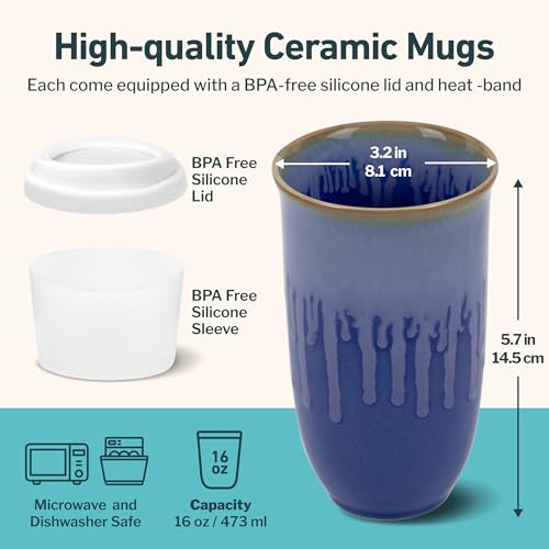 Image of NOVA CERAMICS Ceramic Tumbler- Blue Ceramic Mug - Microwave & Dishwasher Safe Coffee White & Orange Tumbler - Leak-Proof Coffee Travel Mug - 16oz - Neptune