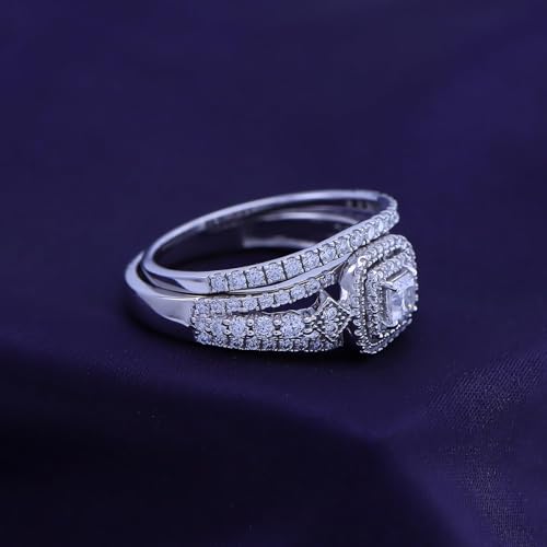 Bridal Ring Set for Women Princess & Round Lab Created Moissanite or Lab Grown Diamond Halo Ring in 14K Gold Over Sterling Silver Jewelry Gift for Her4