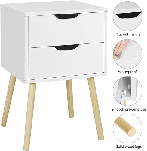 Image of VASIL MART Bedside Tables, Wooden Nightstands with Solid Wood Legs & 2 Drawers, End Tables Storage Units for Living Room /Bedroom,etc .(White)