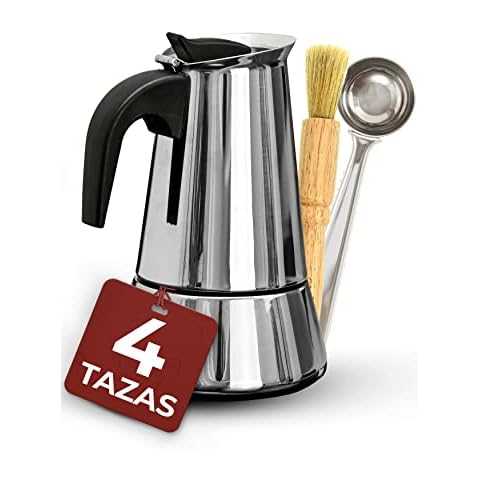 Cafetera Italiana de Acero Inoxidable para 4 Tazas con Cuchara Dosificadora y Pincel de Limpieza Cover
