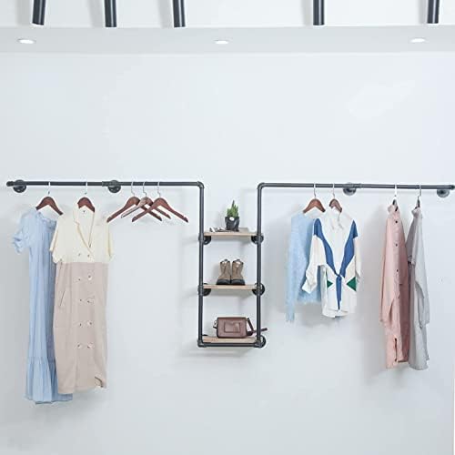 CIVANA Industrial Garment Rack, 3-Tiers Pipeline Clothing Rack, Rustic Cloth Hanging Bar, Retail Display Hanger with Storage Shelves, Boutique Multi-Purpose Shelf (Black, 110'' L)