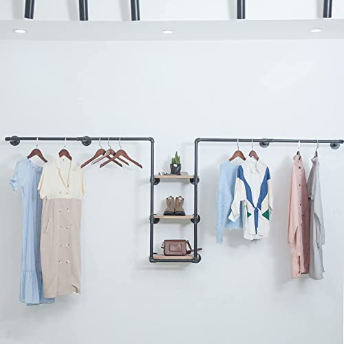 Civana Industrial Garment Rack, 3-Tiers Pipeline Clothing Rack, Rustic Cloth Hanging Bar, Retail Display Hanger With Storage Shelves, Boutique Multi-Purpose Shelf (Black, 110'' L) #TOP3