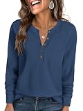 ANRABESS Women's Waffle Knit Henley Top Long Sleeve Shirts,Navy Blue,M
