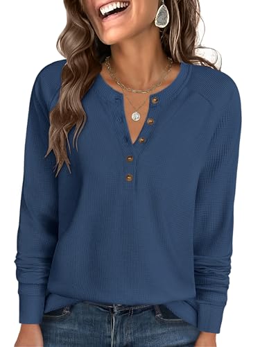 ANRABESS Women's Long Sleeve Waffle Knit Shirts Dressy Casual Loose Button Up V Neck Henley Tops 2025 Fall Basic Tee Blouse Navy Blue Medium