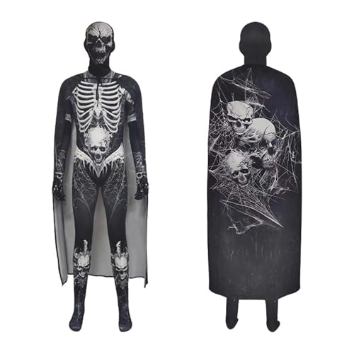 Generisch Primavera, verano y otoño frontera Halloween Cosplay esqueleto impreso personaje traje ajustado traje de capa capucha conjunto de tres piezas, gris oscuro, 170