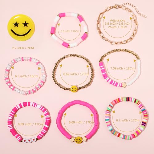 Image of Preppy Bracelets Set Colorful White Gold Smile Heart Star Polymer Beaded Pearl Clay Stackable Charm Y2K Kidcore Aesthetic Summer Beach Bohemian Stretch Layering Bracelets Jewelry for Girls Women Teens