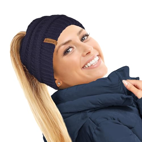 TOSKATOK Bonnet de queue-de-cheval en polaire thermique pour femme doublé en polaire Teddy, bleu marine, Taille unique